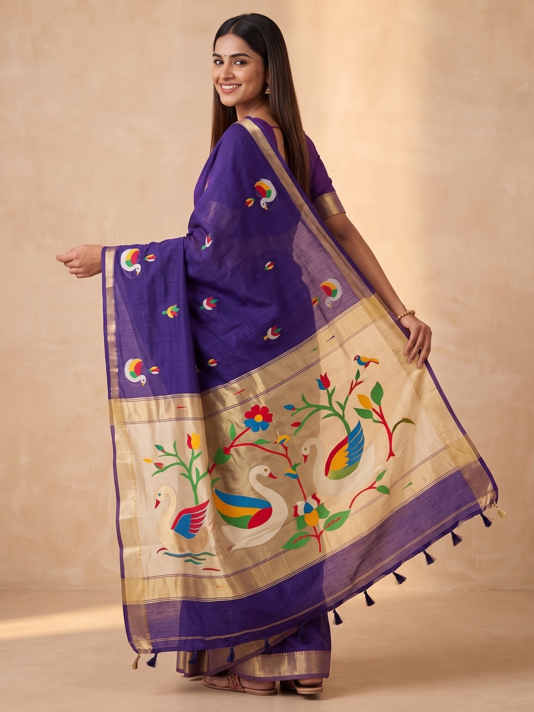 Peachmode Purple Jamdani Swan Butta Cotton Saree With Tissue Pallu And Zari Border - Image 2