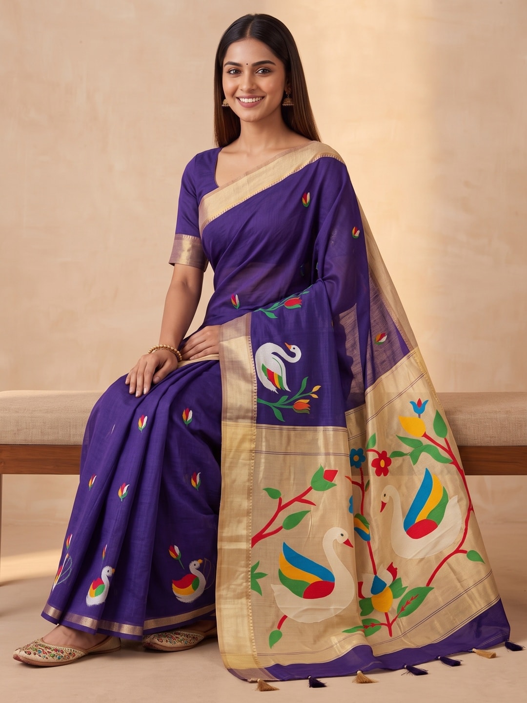 Peachmode Purple Jamdani Swan Butta Cotton Saree With Tissue Pallu And Zari Border - Image 5