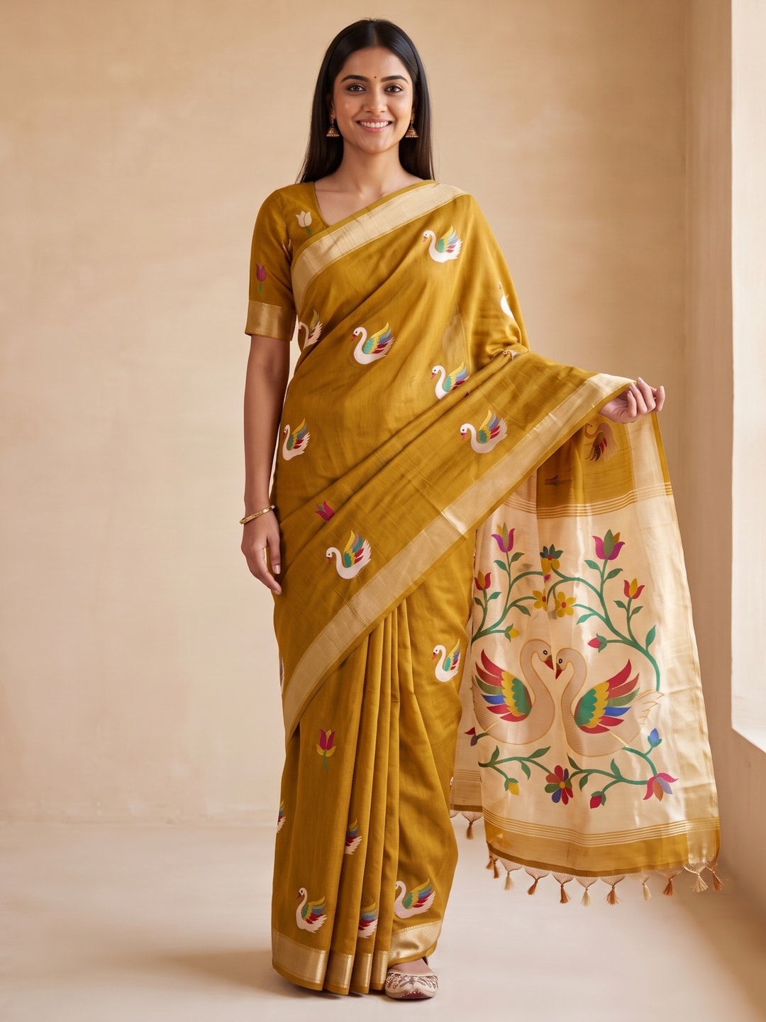 Peachmode Mustard Jamdani Swan Butta Cotton Saree With Tissue Pallu And Zari Border - Image 1
