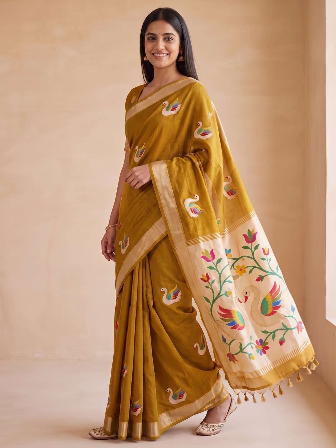 Peachmode Mustard Jamdani Swan Butta Cotton Saree With Tissue Pallu And Zari Border - Image 3