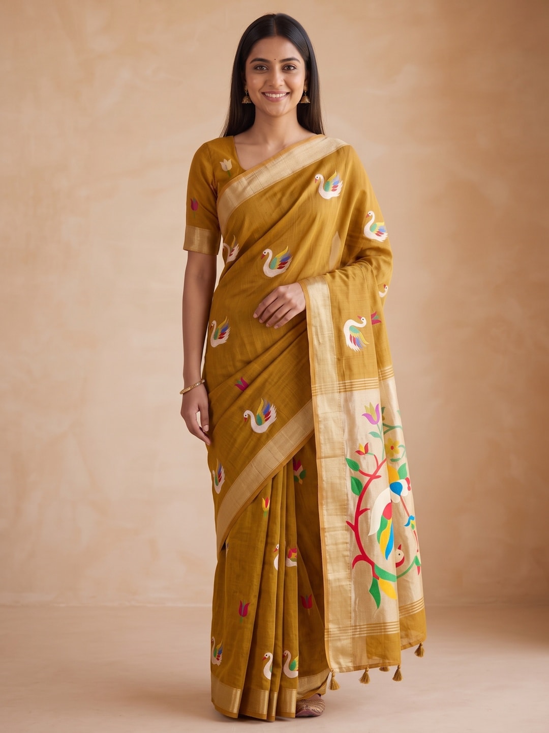Peachmode Mustard Jamdani Swan Butta Cotton Saree With Tissue Pallu And Zari Border - Image 5