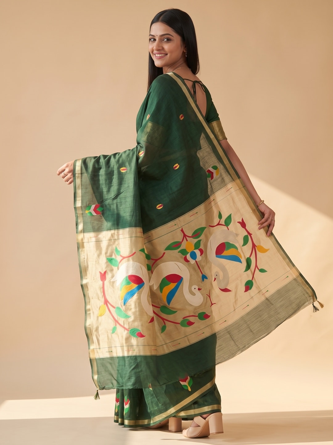 Peachmode Green Jamdani Swan Butta Cotton Saree With Tissue Pallu And Zari Border - Image 3