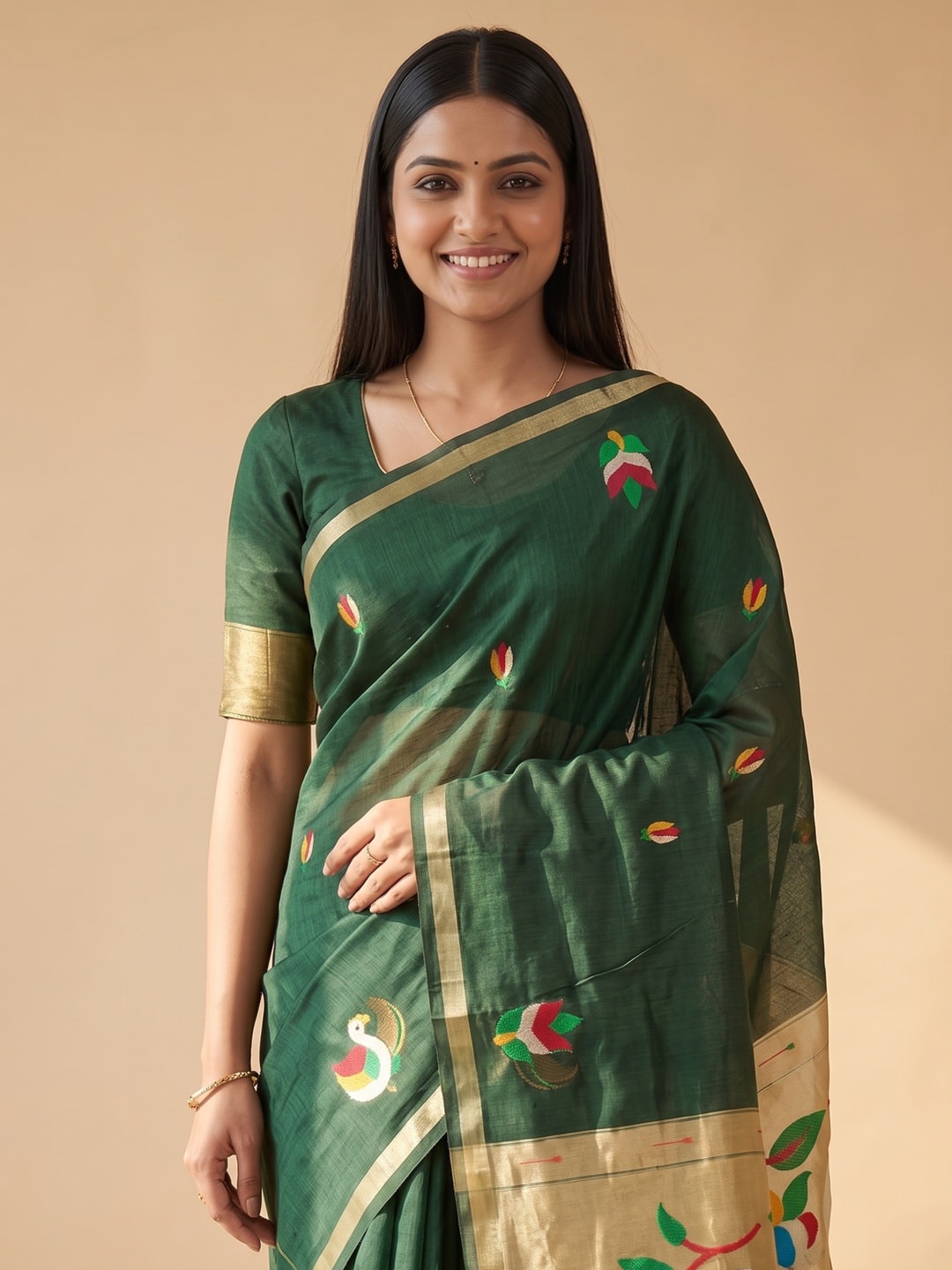 Peachmode Green Jamdani Swan Butta Cotton Saree With Tissue Pallu And Zari Border - Image 4