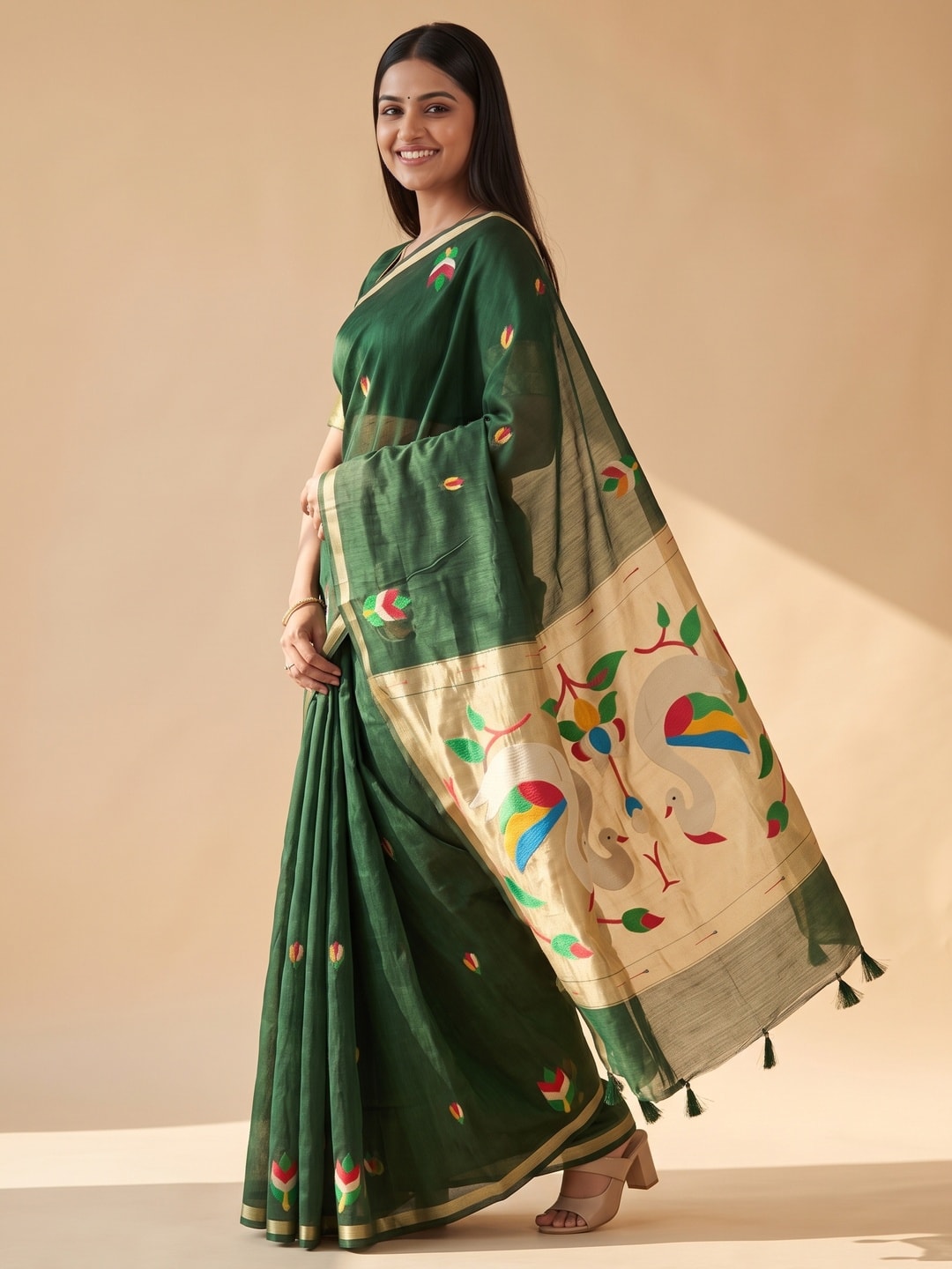 Peachmode Green Jamdani Swan Butta Cotton Saree With Tissue Pallu And Zari Border - Image 5