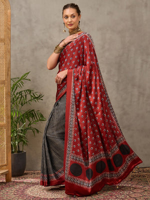 Peachmode Maroon Semi Modal Printed Saree With Ethnic Border - Image 1