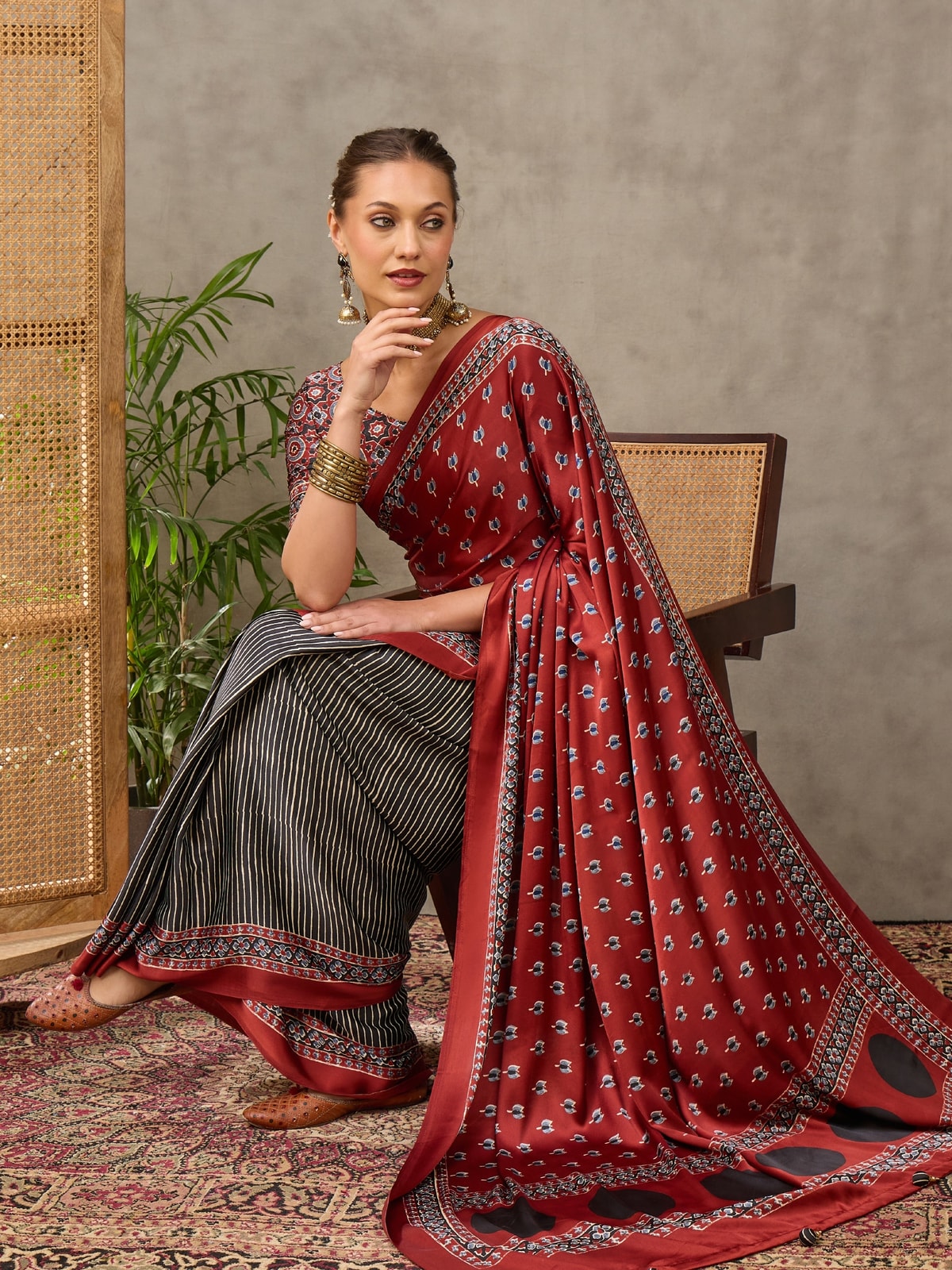 Peachmode Maroon Semi Modal Printed Saree With Ethnic Border - Image 3