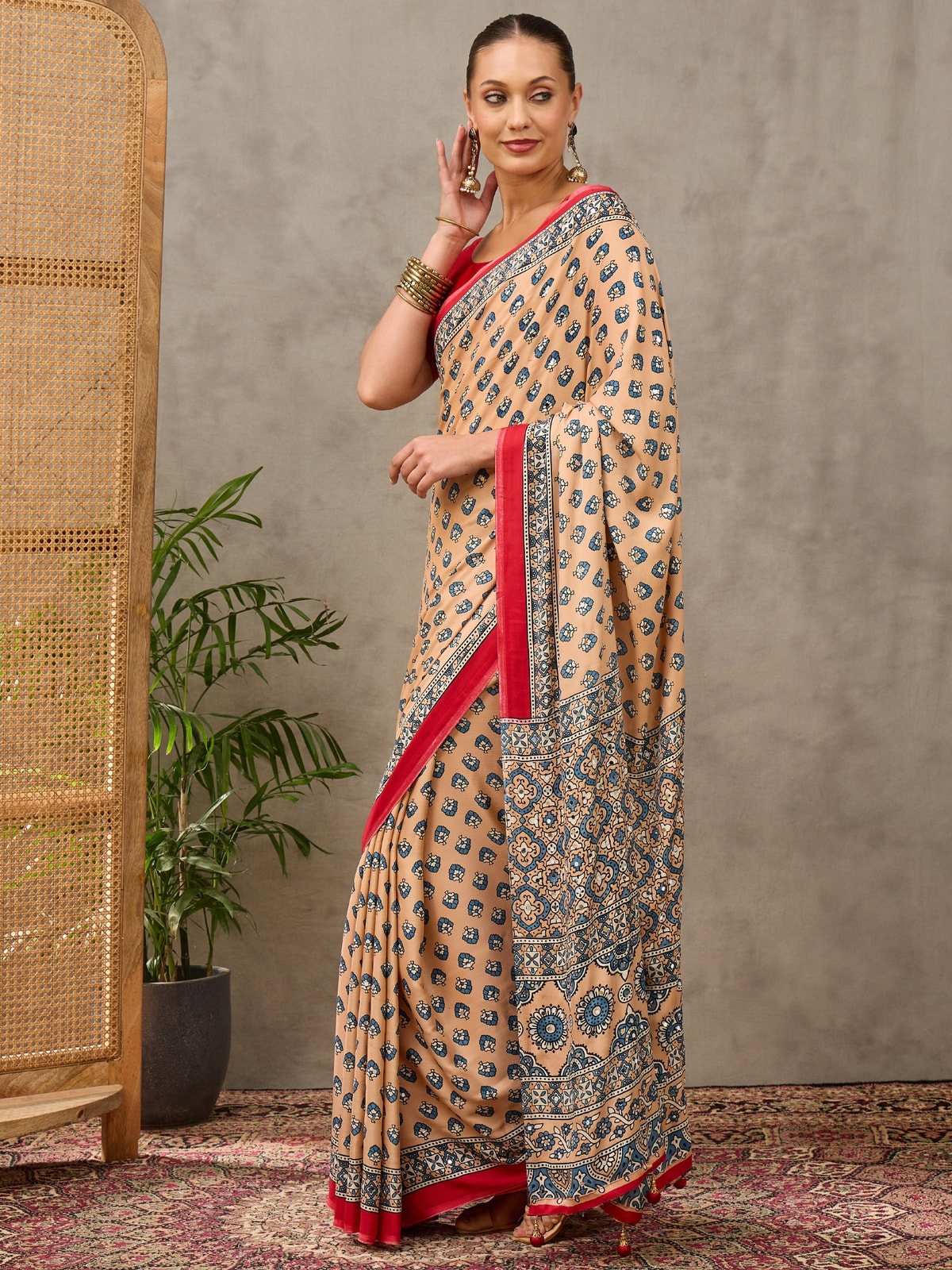 Peachmode Cream Semi Modal Ajrakh Style Printed Saree With Mirror Work