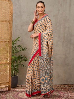 Peachmode Cream Semi Modal Ajrakh Style Printed Saree With Mirror Work