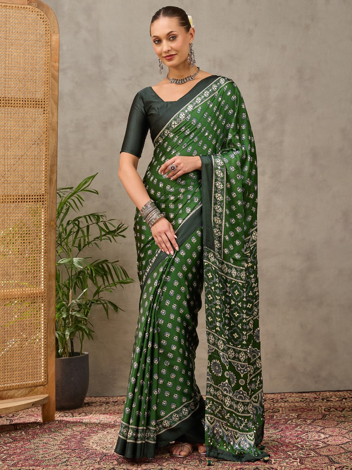 Peachmode Green Semi Modal Ajrakh Style Printed Saree With Mirror Work