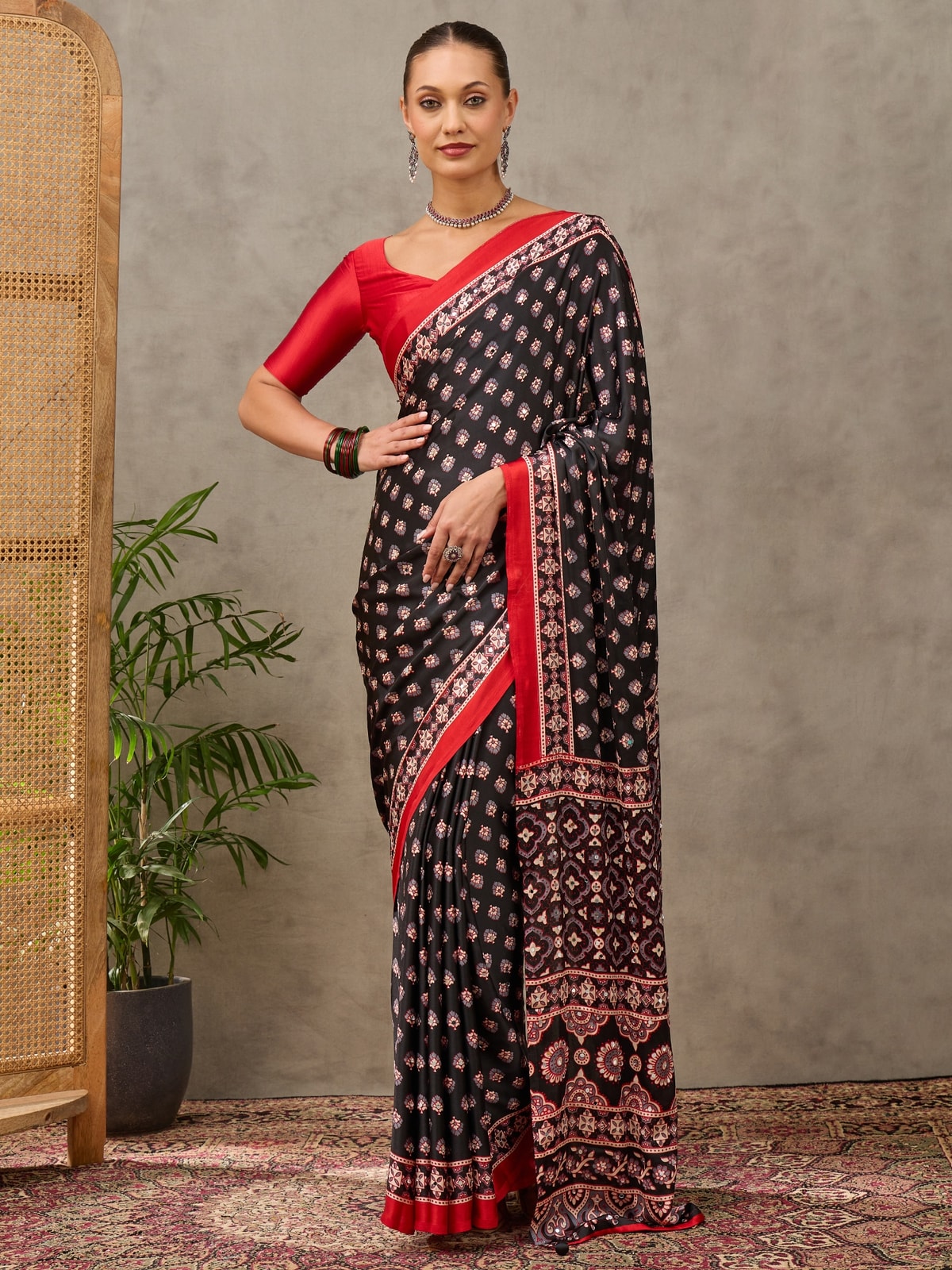 Peachmode Black Semi Modal Ajrakh Style Printed Saree With Mirror Work
