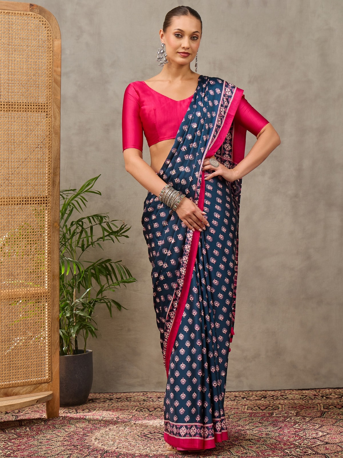 Peachmode Blue Semi Modal Ajrakh Style Printed Saree With Mirror Work