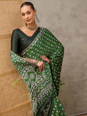 Peachmode Green Semi Modal Ajrakh Style Printed Saree With Mirror Work - Image 1