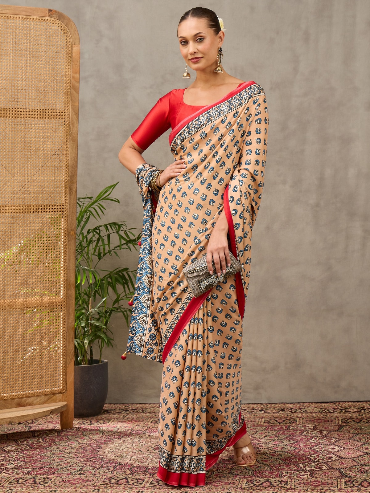 Peachmode Cream Semi Modal Ajrakh Style Printed Saree With Mirror Work - Image 1