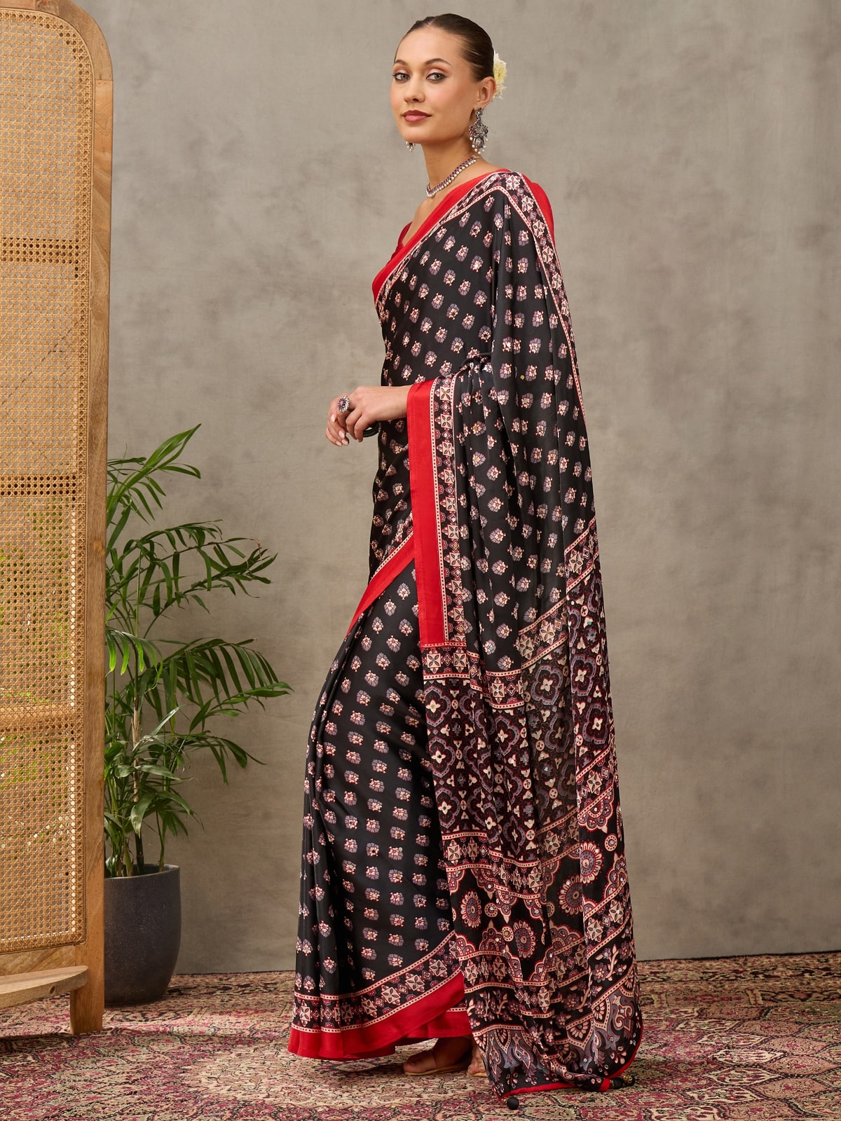 Peachmode Black Semi Modal Ajrakh Style Printed Saree With Mirror Work - Image 1