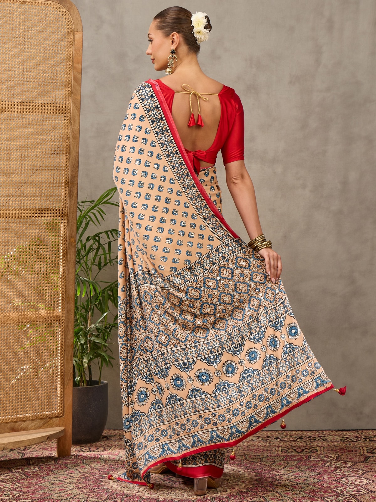 Peachmode Cream Semi Modal Ajrakh Style Printed Saree With Mirror Work - Image 2