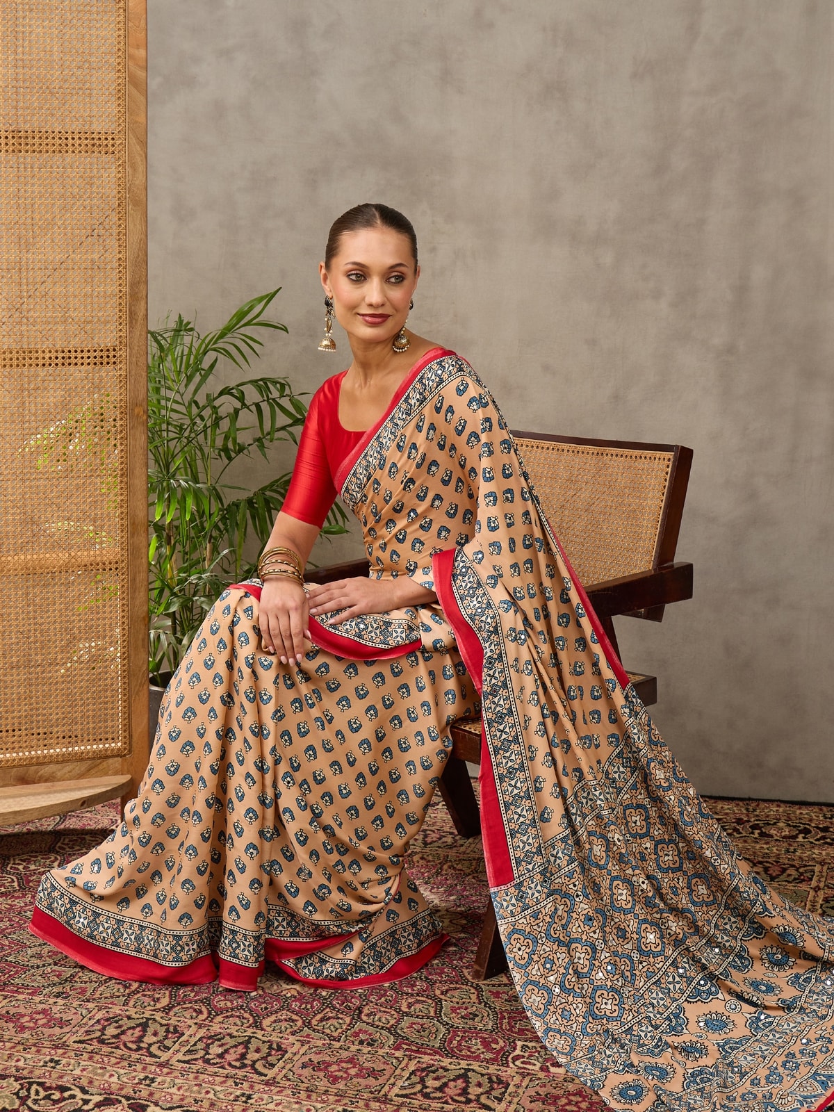 Peachmode Cream Semi Modal Ajrakh Style Printed Saree With Mirror Work - Image 3