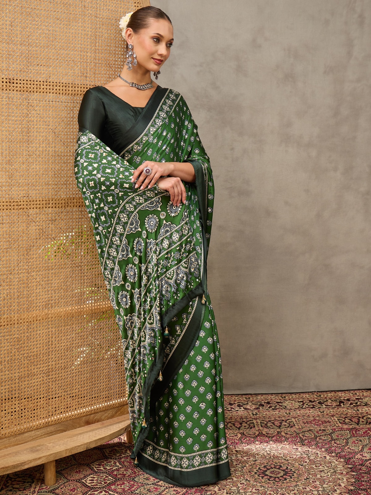Peachmode Green Semi Modal Ajrakh Style Printed Saree With Mirror Work - Image 3