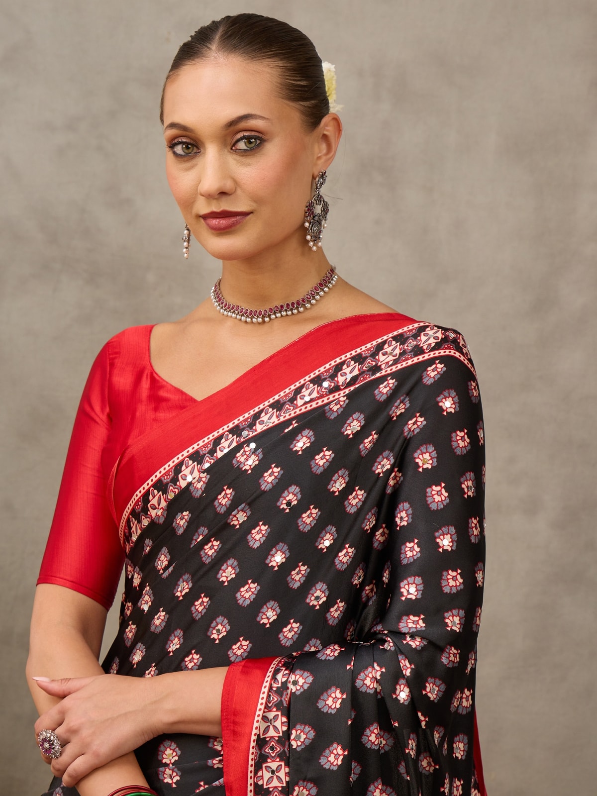 Peachmode Black Semi Modal Ajrakh Style Printed Saree With Mirror Work - Image 4