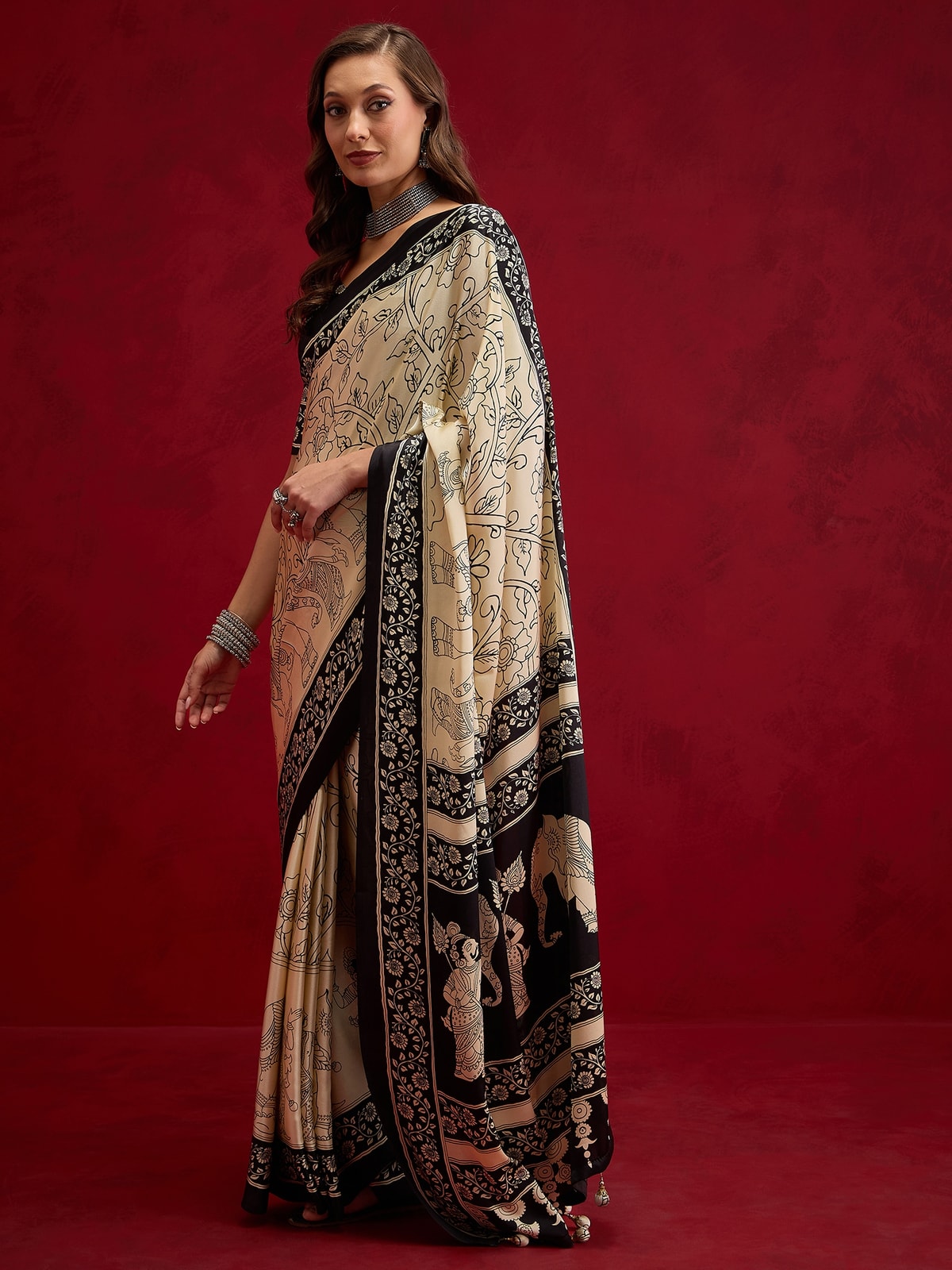 Peachmode Black Semi Modal Elephant Print Saree With Printed Border