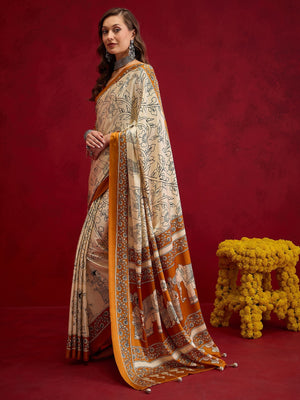 Peachmode Mustard Semi Modal Elephant Print Saree With Printed Border
