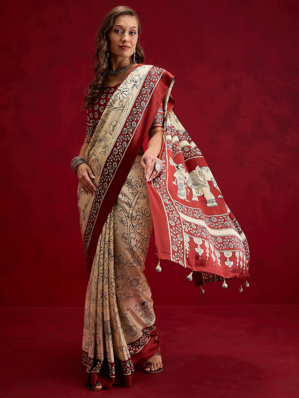 Peachmode Maroon Semi Modal Elephant Print Saree With Printed Border - Image 1