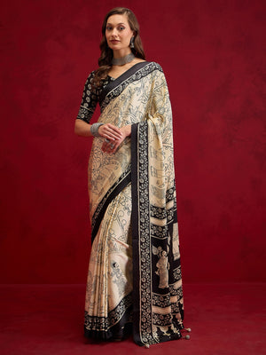 Peachmode Black Semi Modal Elephant Print Saree With Printed Border - Image 1