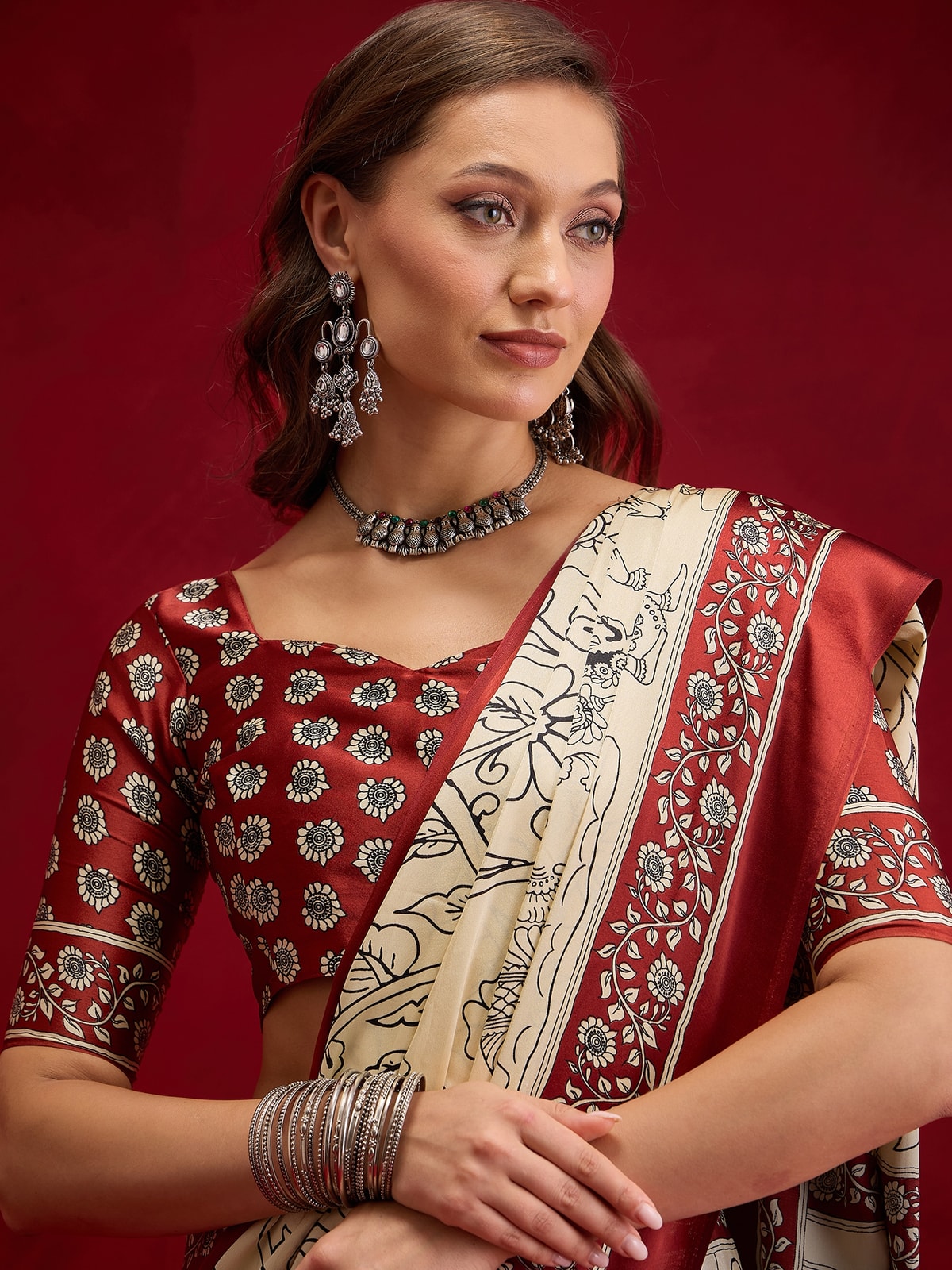 Peachmode Maroon Semi Modal Elephant Print Saree With Printed Border - Image 3