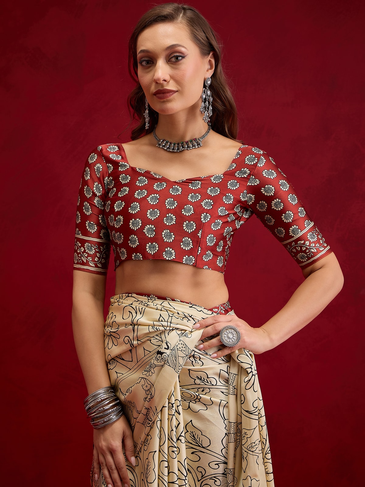 Peachmode Maroon Semi Modal Elephant Print Saree With Printed Border - Image 4