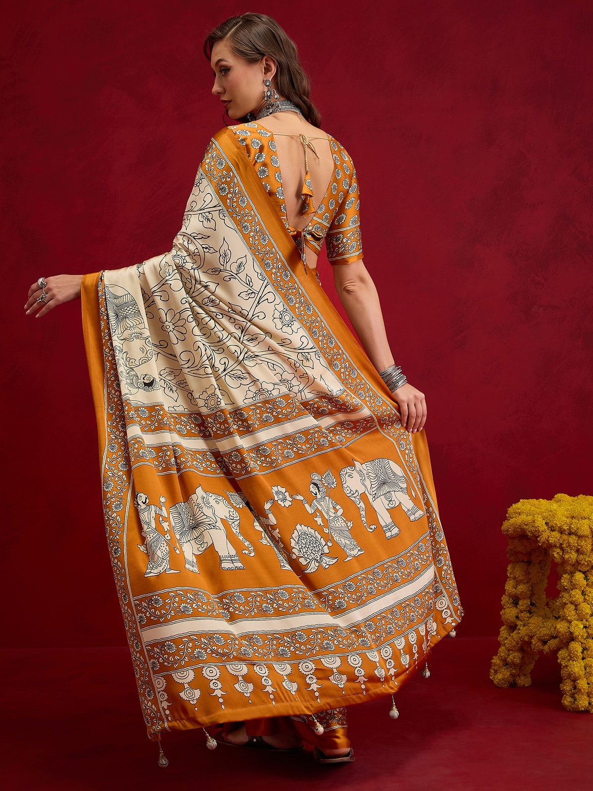 Peachmode Mustard Semi Modal Elephant Print Saree With Printed Border - Image 2
