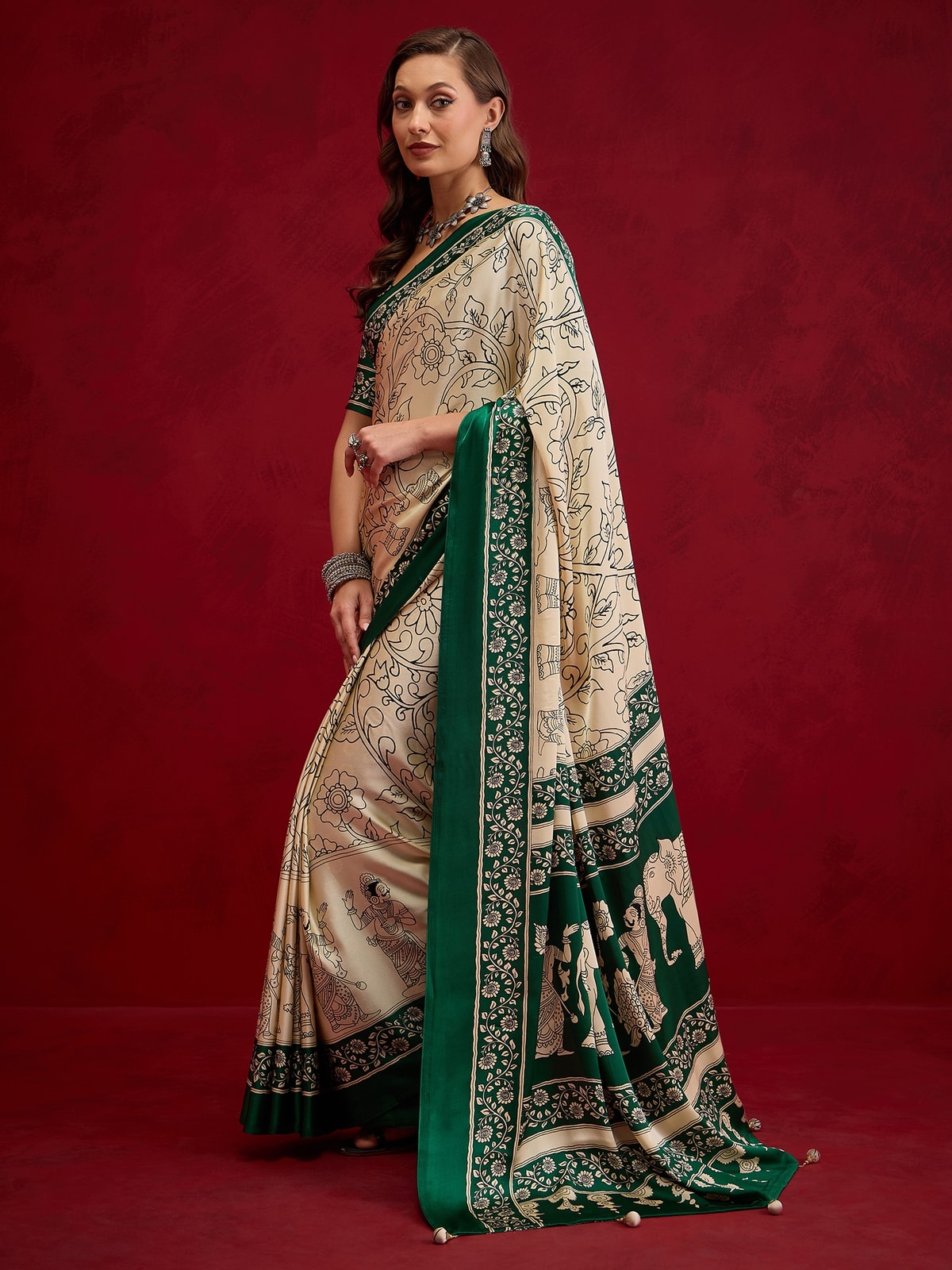 Peachmode Green Semi Modal Elephant Print Saree With Printed Border
