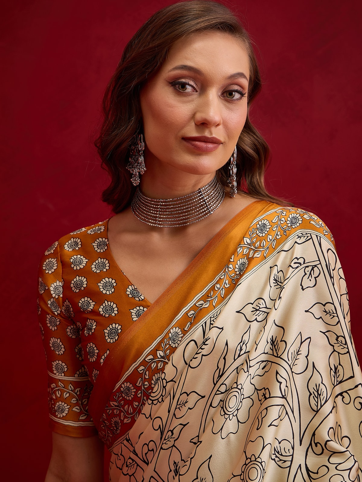 Peachmode Mustard Semi Modal Elephant Print Saree With Printed Border - Image 4
