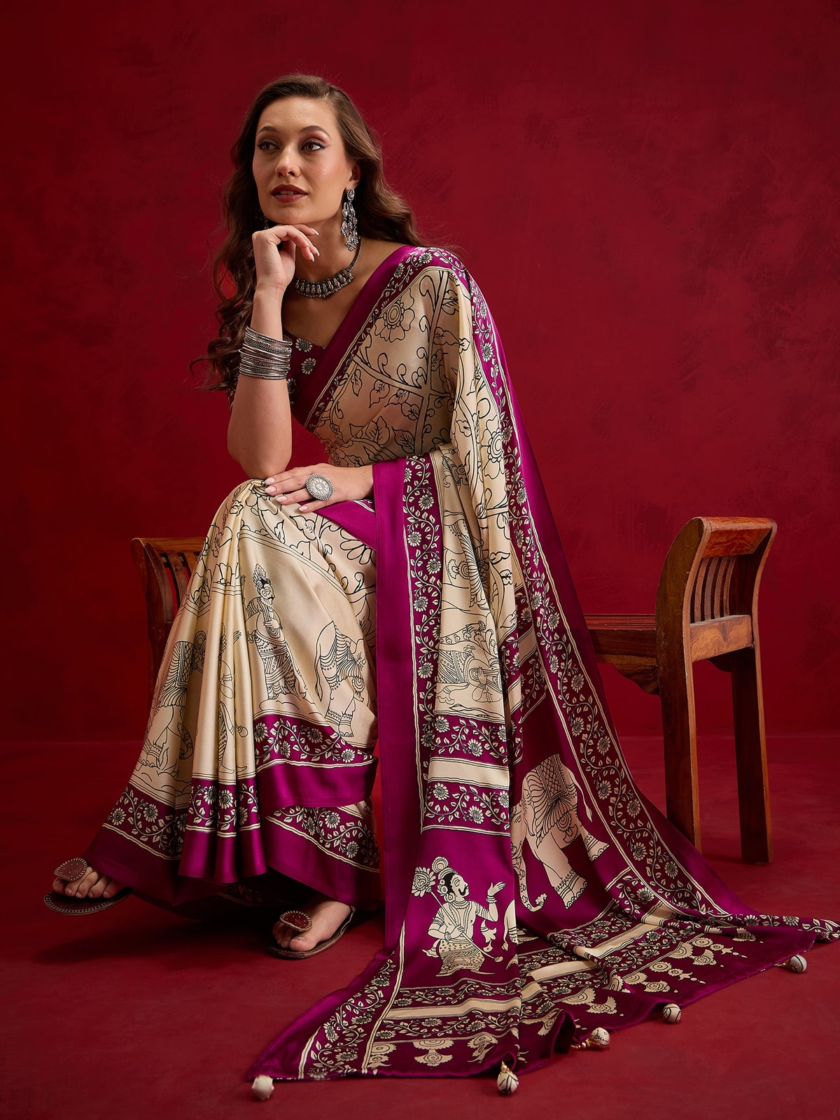 Peachmode Wine Semi Modal Elephant Print Saree With Printed Border - Image 3