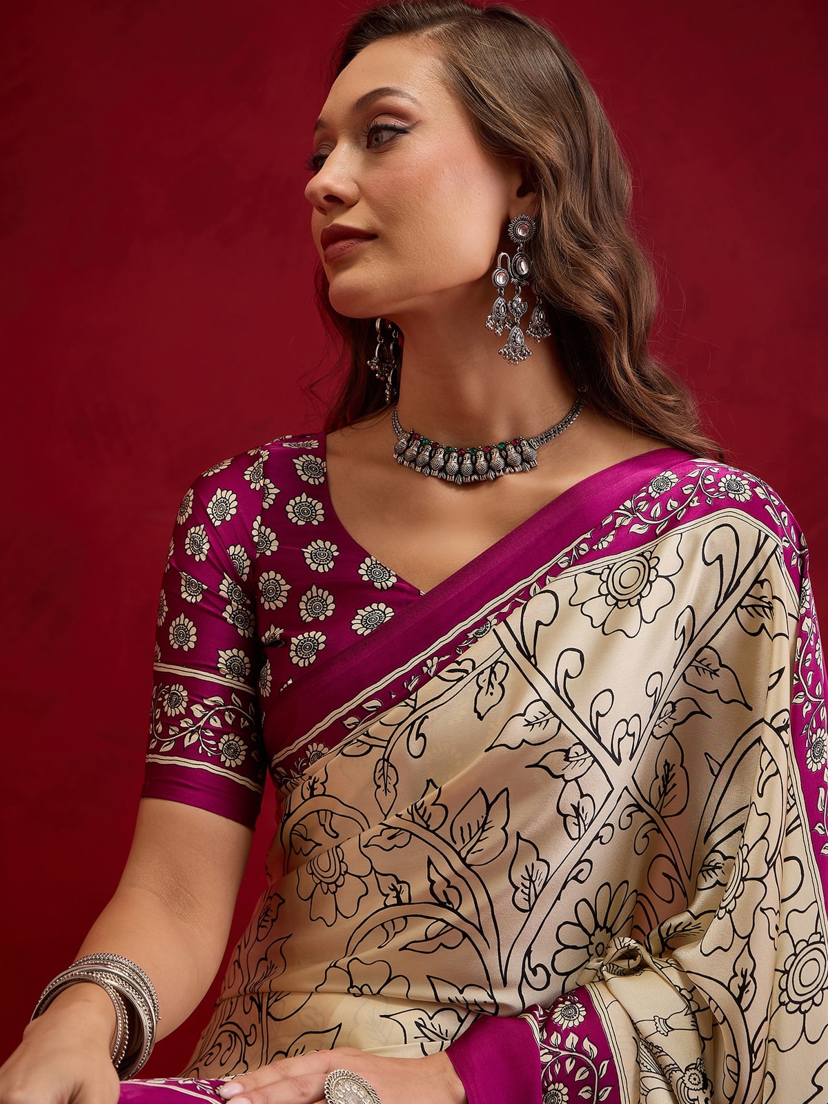 Peachmode Wine Semi Modal Elephant Print Saree With Printed Border - Image 4