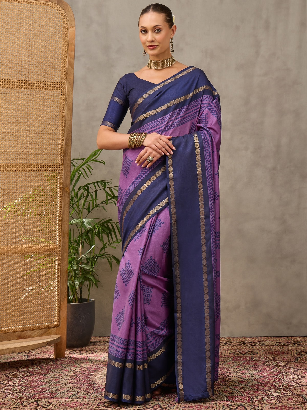 Peachmode Purple Tussar Silk Saree With Geometric Motif Pallu