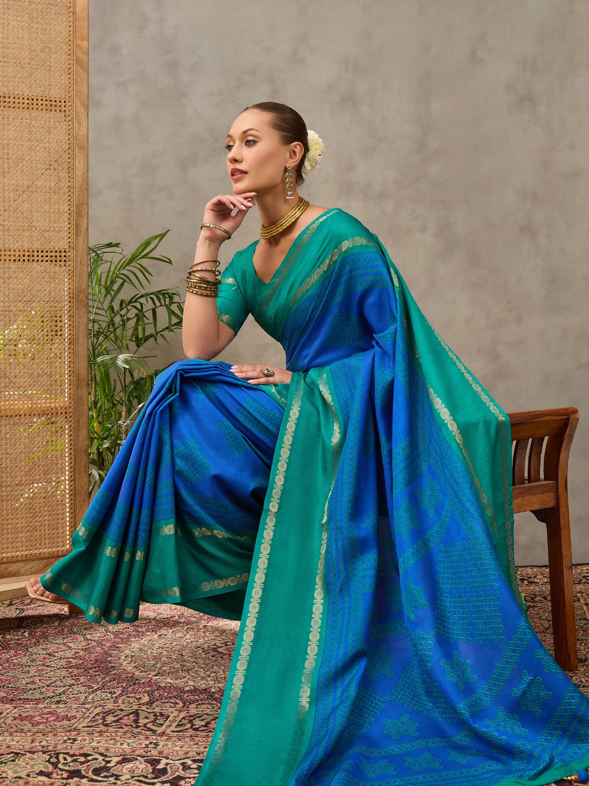 Peachmode Blue Tussar Silk Saree With Geometric Motif Pallu - Image 3