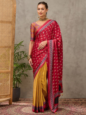 Peachmode Wine Semi Modal Printed Saree With Ethnic Border