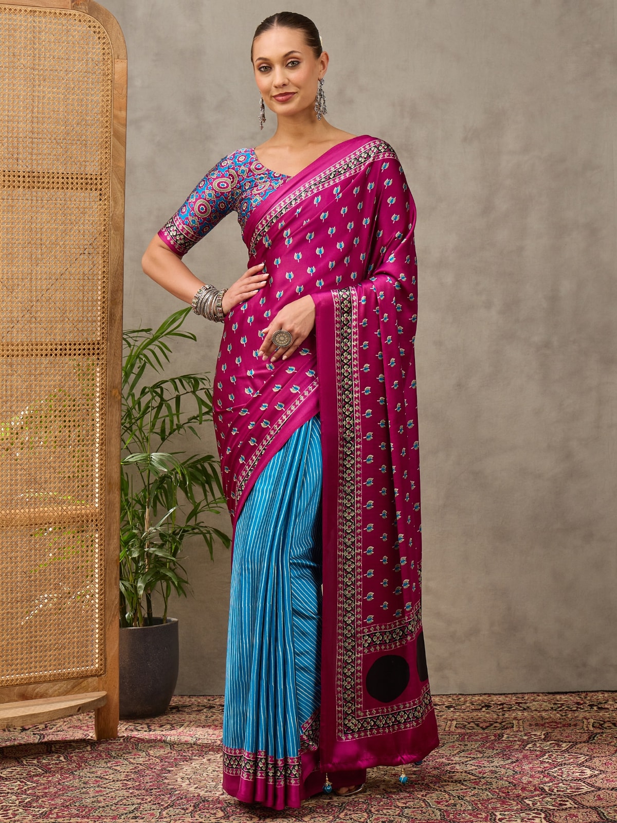 Peachmode Pink Semi Modal Printed Saree With Ethnic Border