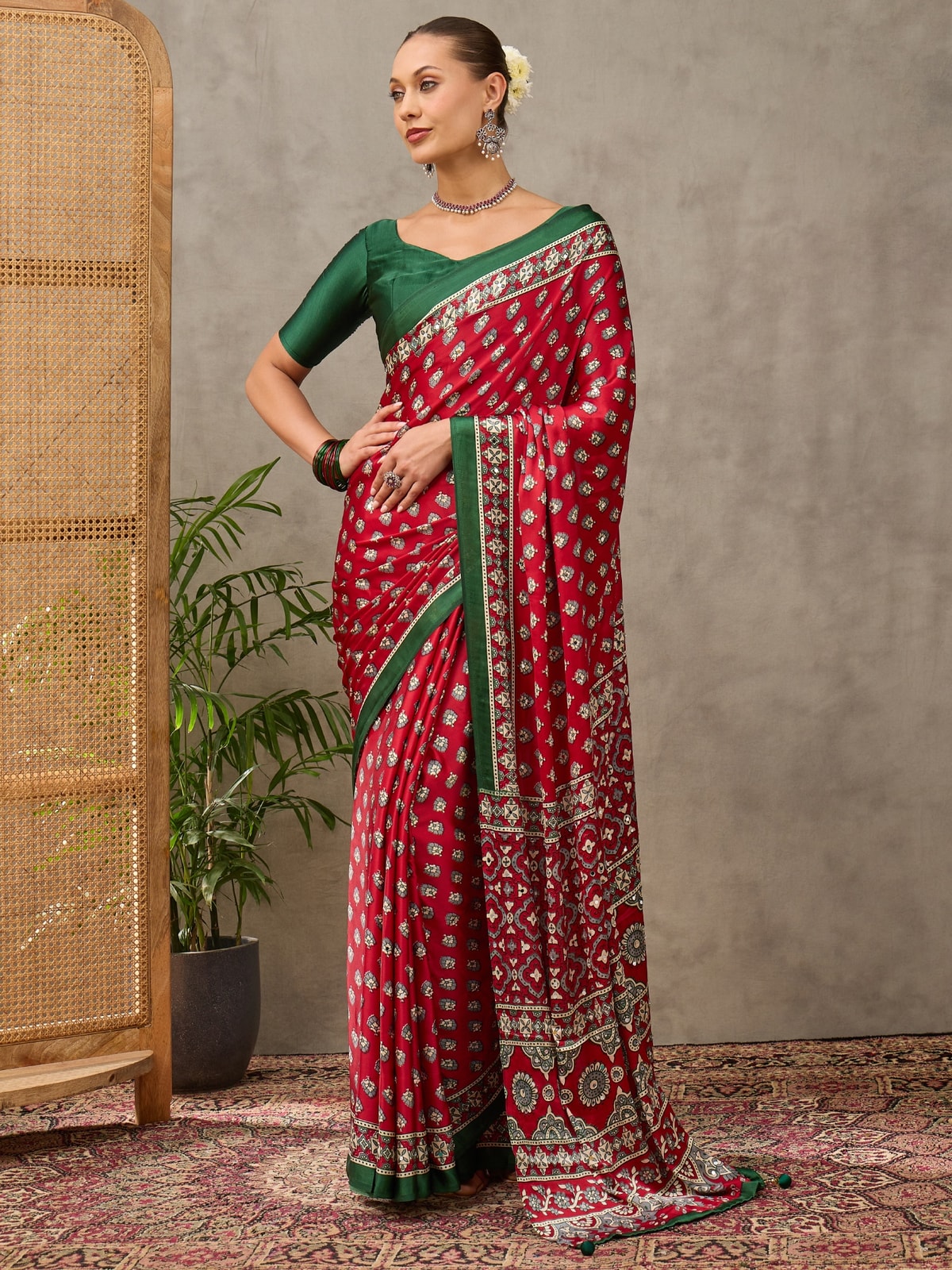 Peachmode Red Semi Modal Ajrakh Style Printed Saree With Mirror Work