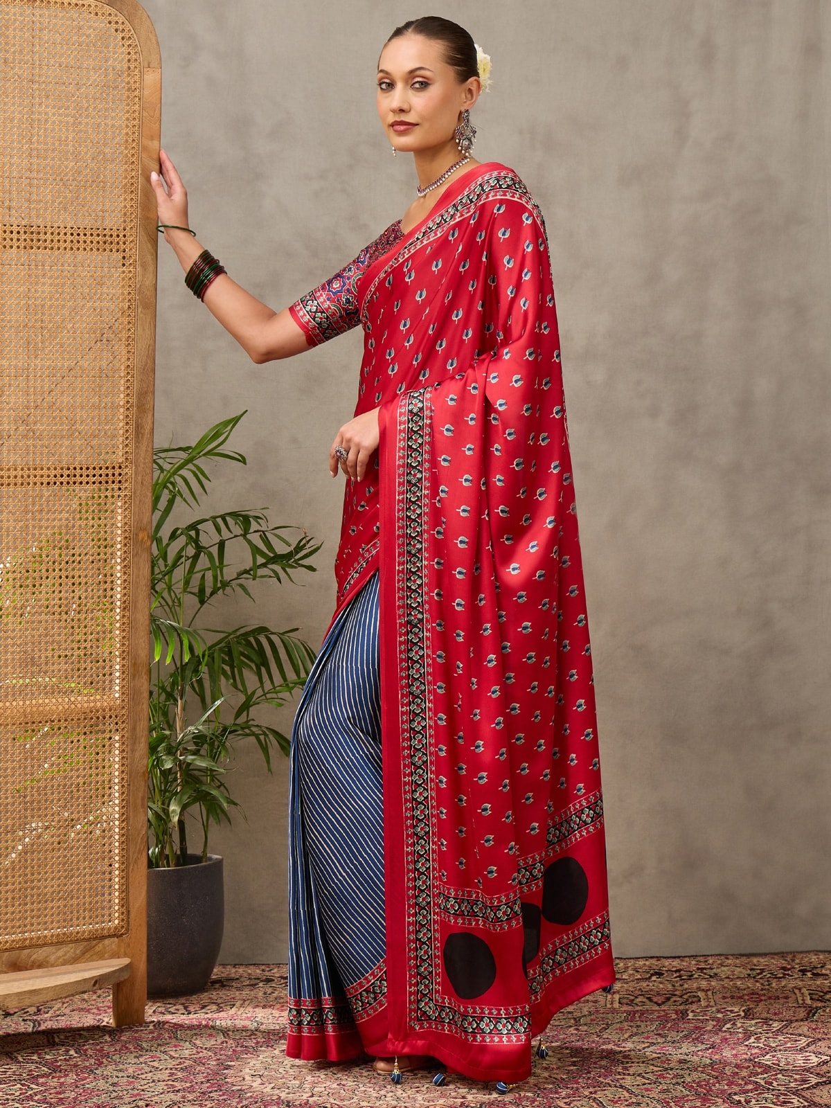 Peachmode Red Semi Modal Printed Saree With Ethnic Border - Image 1