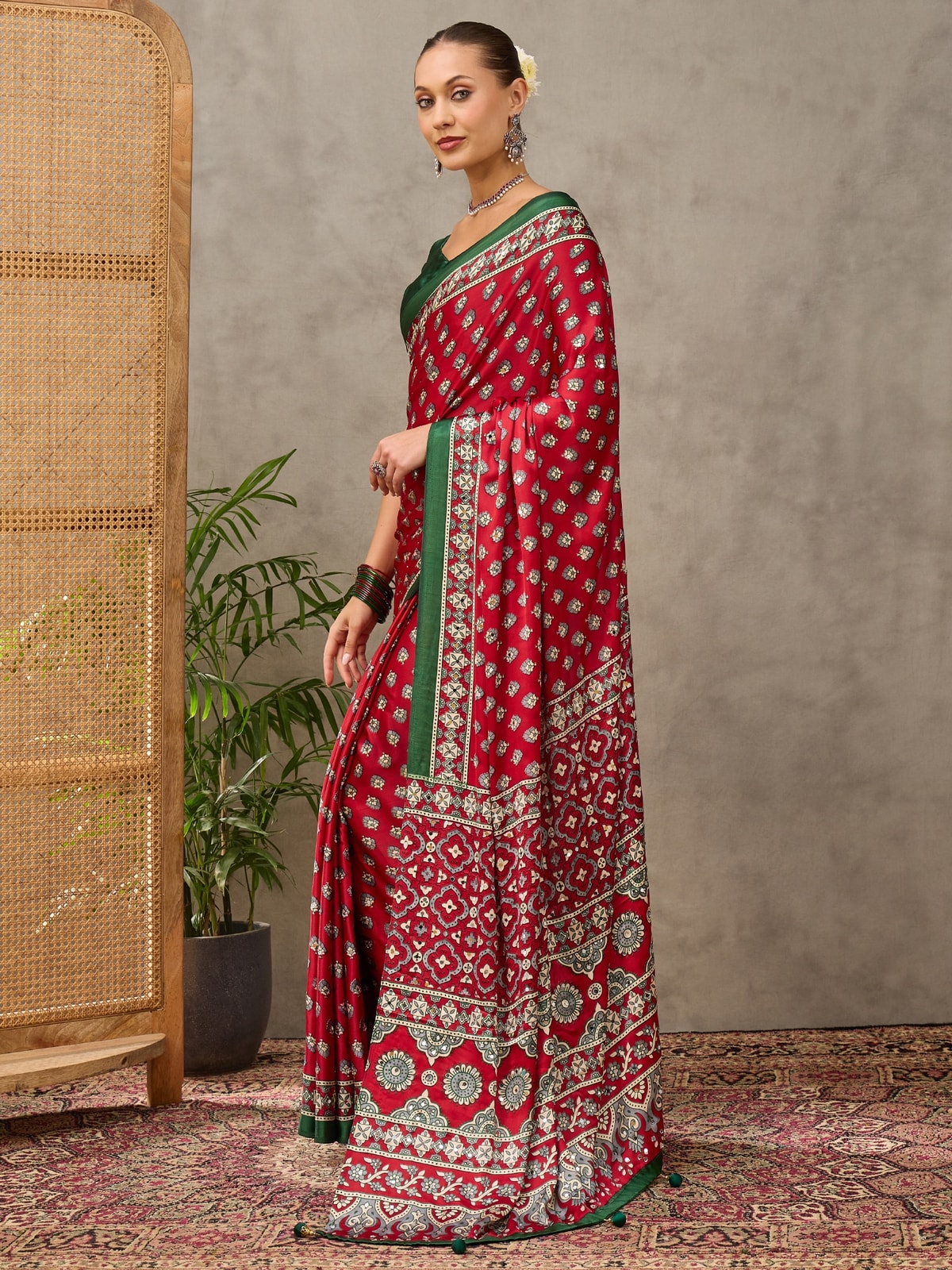 Peachmode Red Semi Modal Ajrakh Style Printed Saree With Mirror Work - Image 1