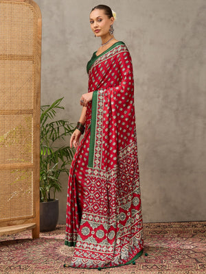 Peachmode Red Semi Modal Ajrakh Style Printed Saree With Mirror Work - Image 1