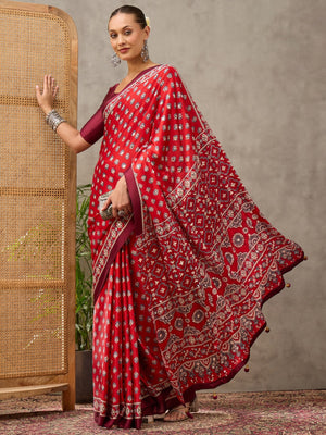 Peachmode Coral Semi Modal Ajrakh Style Printed Saree With Mirror Work - Image 1