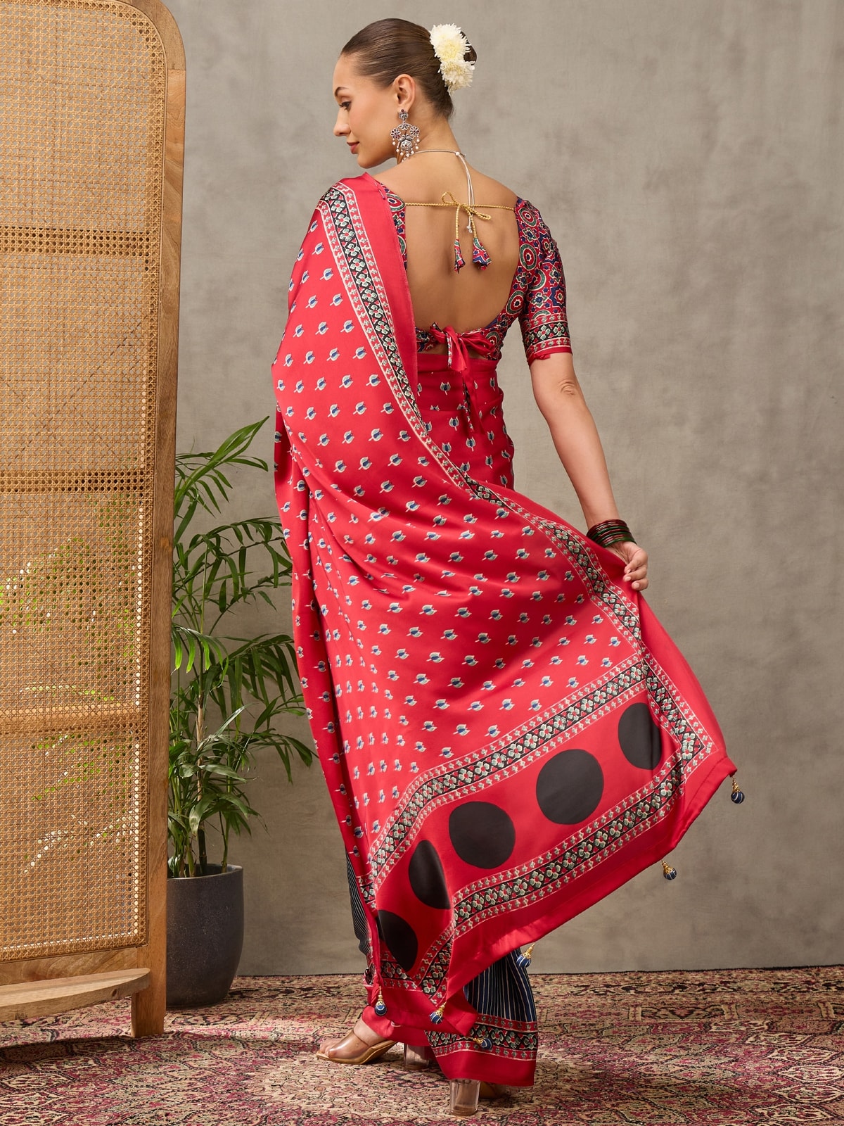 Peachmode Red Semi Modal Printed Saree With Ethnic Border - Image 2