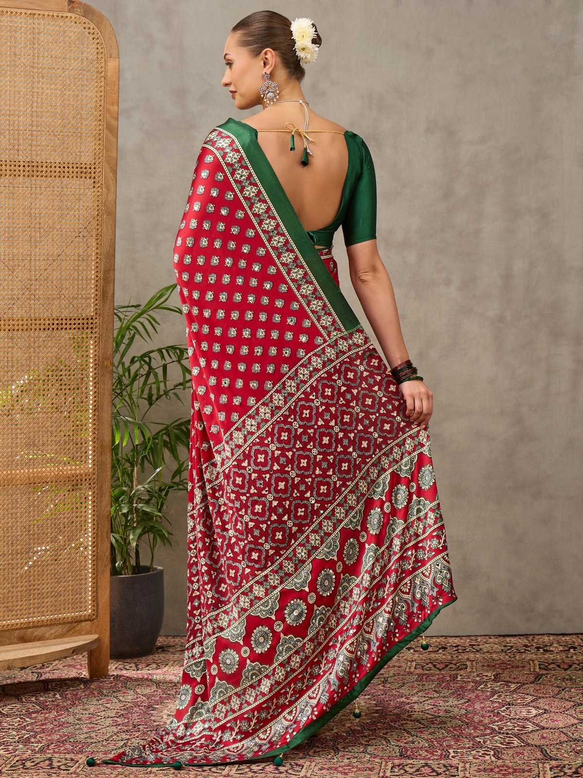 Peachmode Red Semi Modal Ajrakh Style Printed Saree With Mirror Work - Image 2