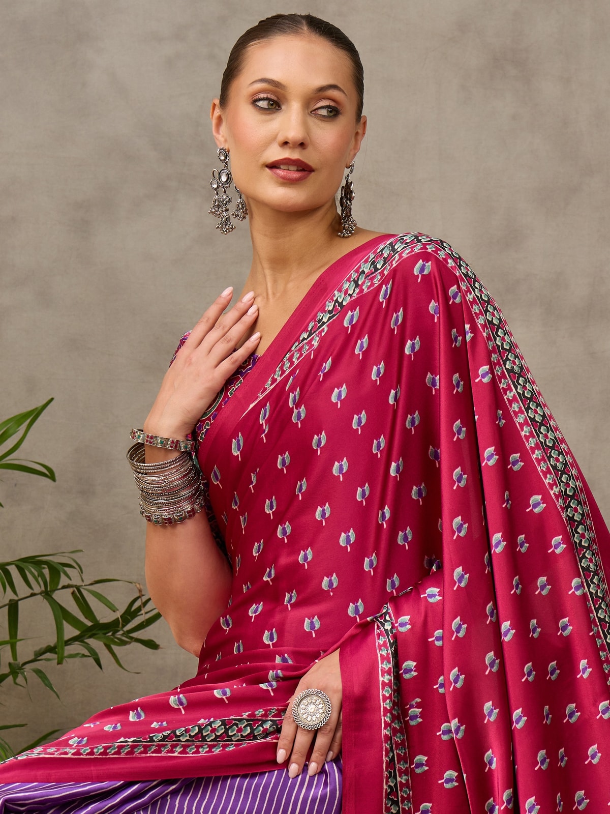 Peachmode Magenta Semi Modal Printed Saree With Ethnic Border - Image 4