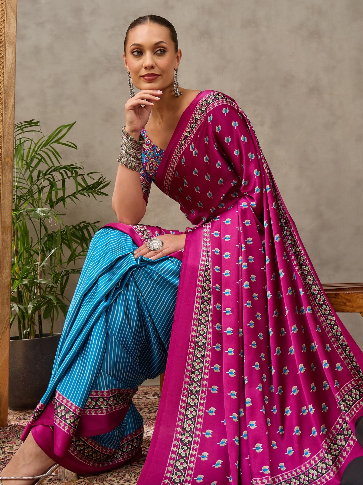 Peachmode Pink Semi Modal Printed Saree With Ethnic Border - Image 3