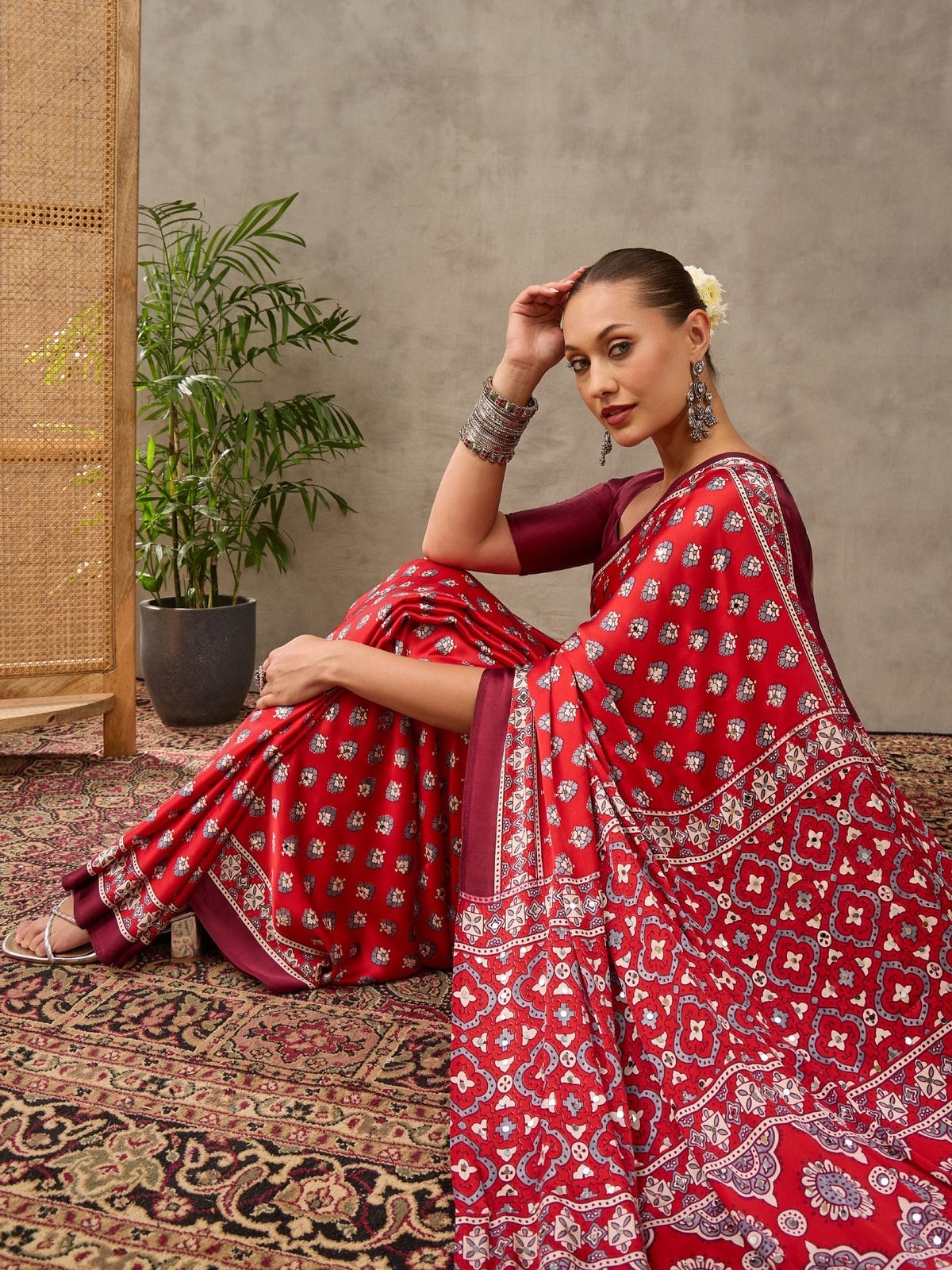 Peachmode Coral Semi Modal Ajrakh Style Printed Saree With Mirror Work - Image 3
