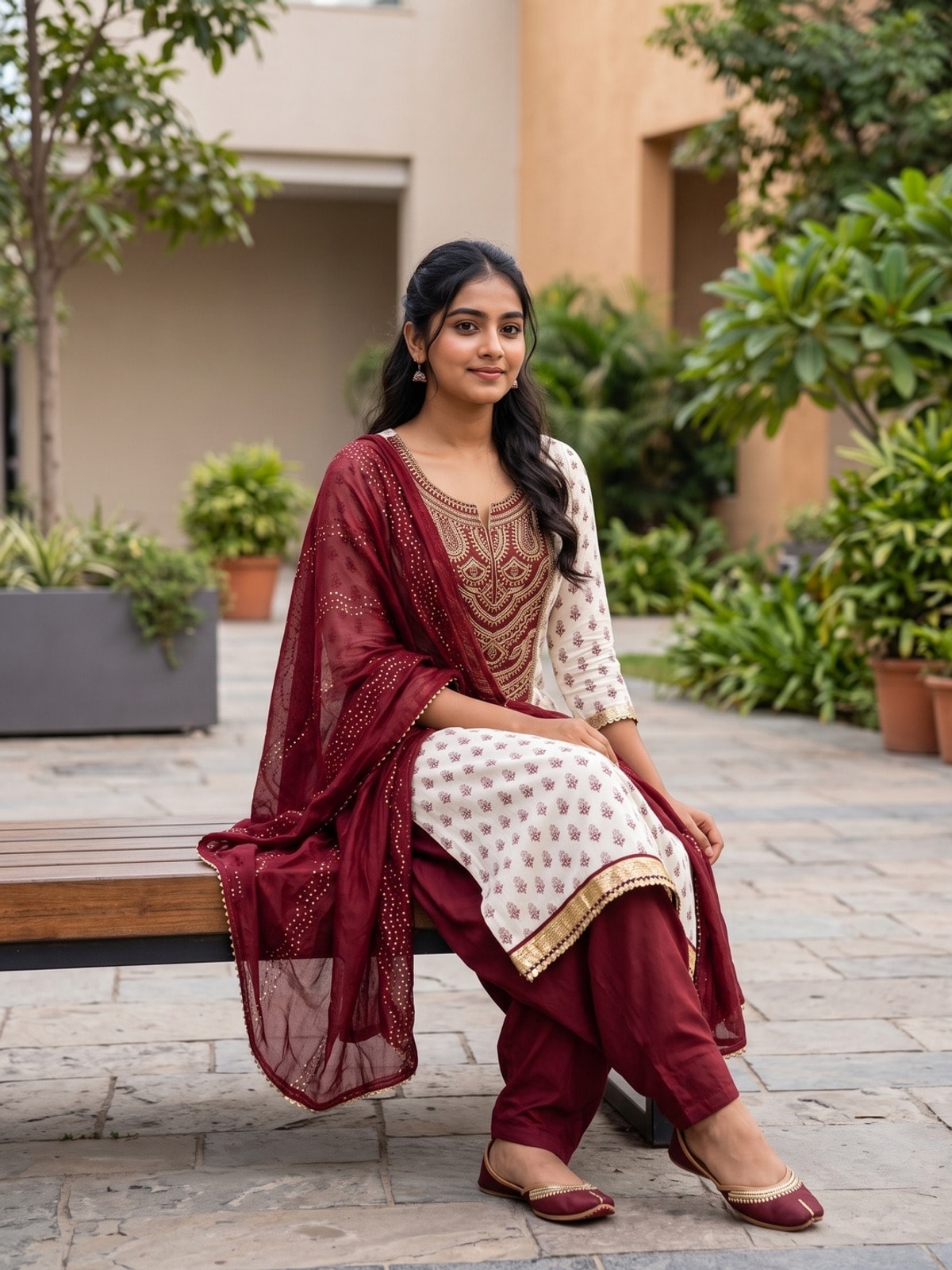 Peachmode White Chanderi Silk Unstitched Dress Material With Maroon Embroidered Yoke And Sequin Dupatta - Image 2
