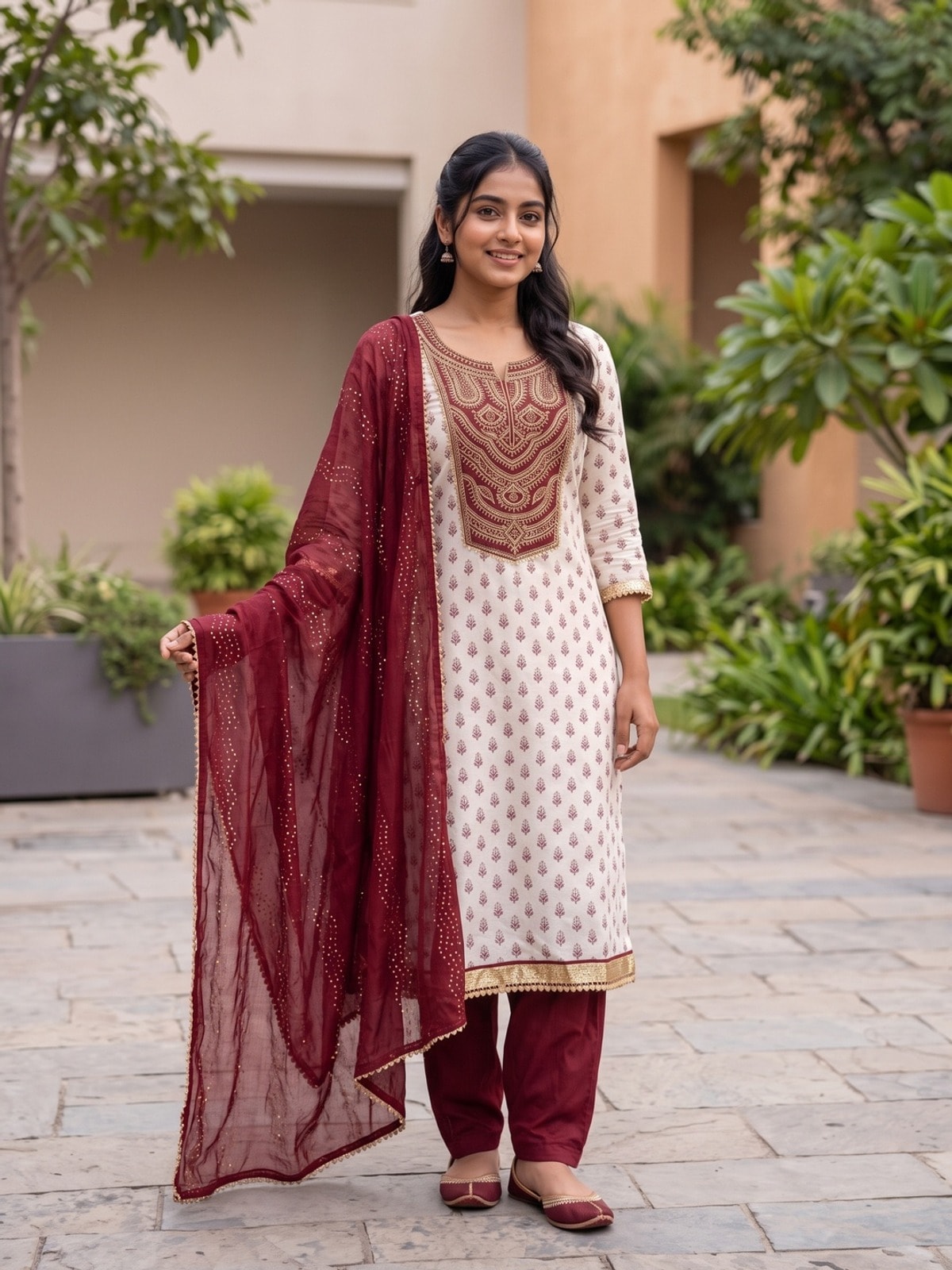 Peachmode White Chanderi Silk Unstitched Dress Material With Maroon Embroidered Yoke And Sequin Dupatta - Image 3