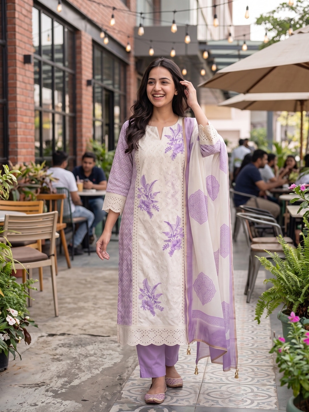 Peachmode Purple Muslin Blend Schiffli Work Salwar Suit with Printed Dupatta - Image 2